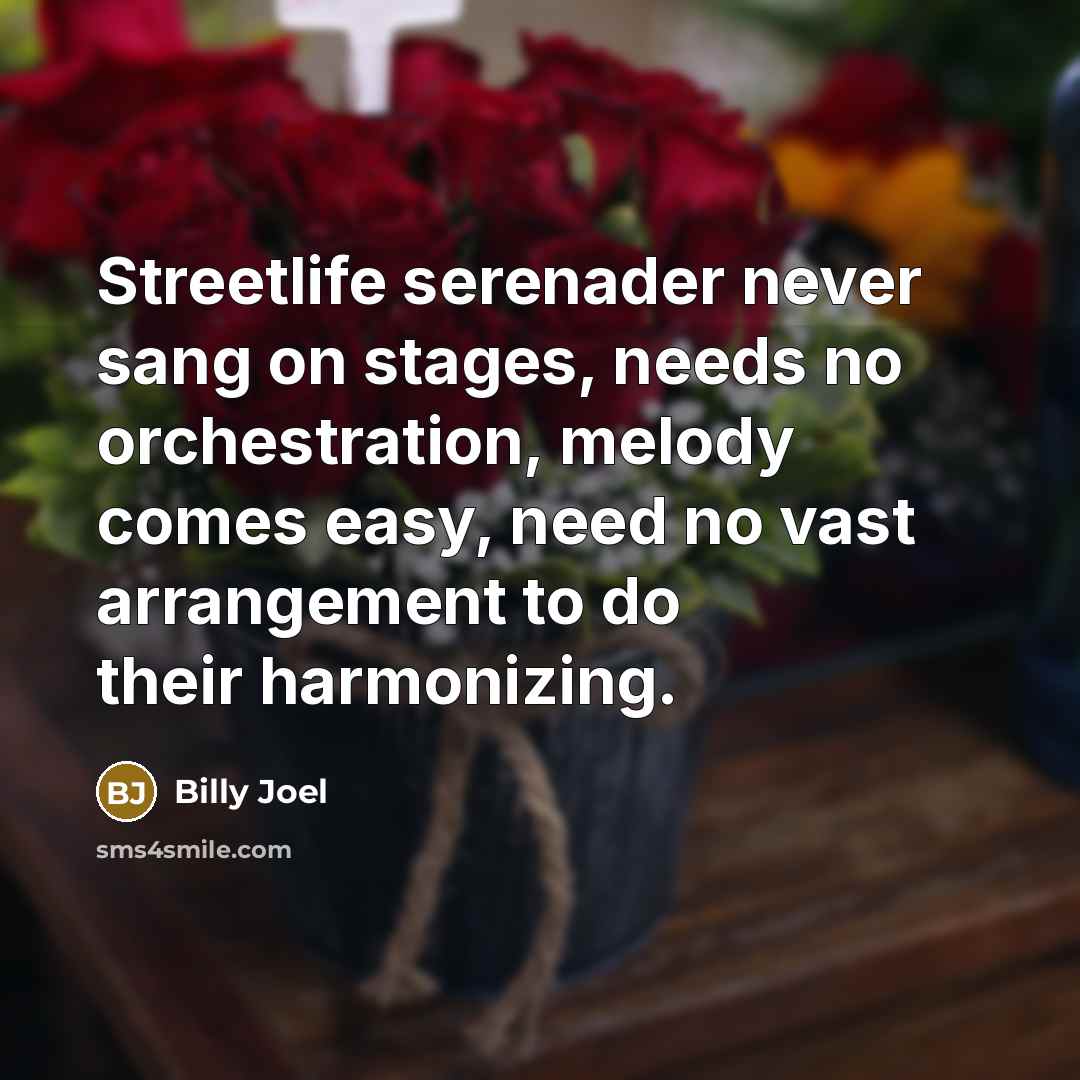 “Streetlife serenader never sang on stages, needs no orchestration, melody…” quote by Billy Joel
