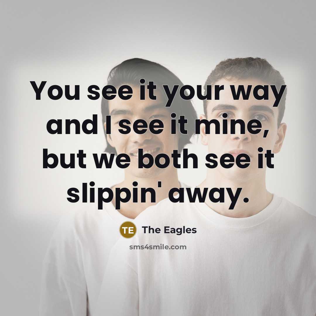 “You see it your way and I see it mine, but we both see it slippin' away.” quote by The Eagles