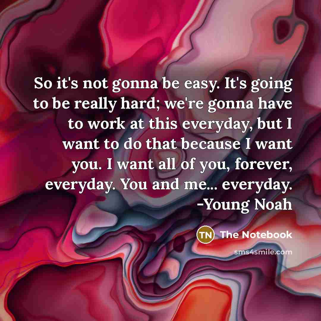 “So it's not gonna be easy. It's going to be really hard; we're gonna have to work at this everyday, but I want to do that because I want you. I want all of you, forever, everyday. You and me... everyday. -Young Noah” quote by The Notebook