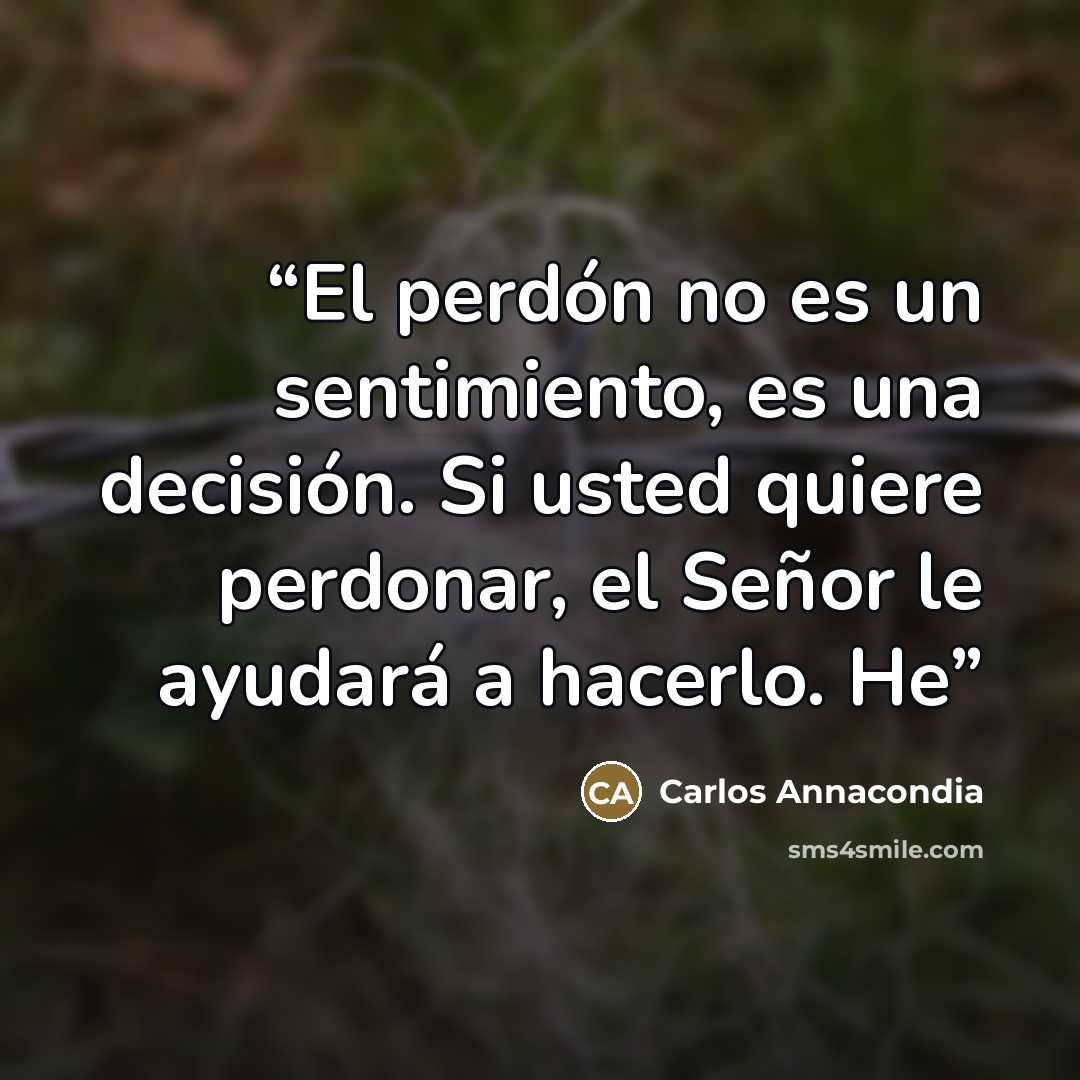 “El perdón no es un sentimiento, es una decisión. Si usted quiere perdonar, el Señor le ayudará a hacerlo. He” quote by Carlos Annacondia