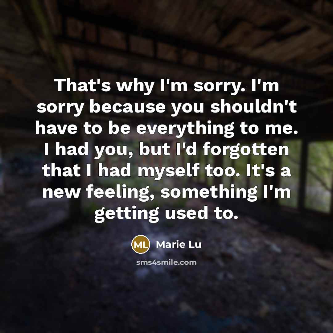“That's why I'm sorry. I'm sorry because you shouldn't have to be everything to me. I had you, but I'd forgotten that I had myself too. It's a new feeling, something I'm getting used to.” quote by Marie Lu