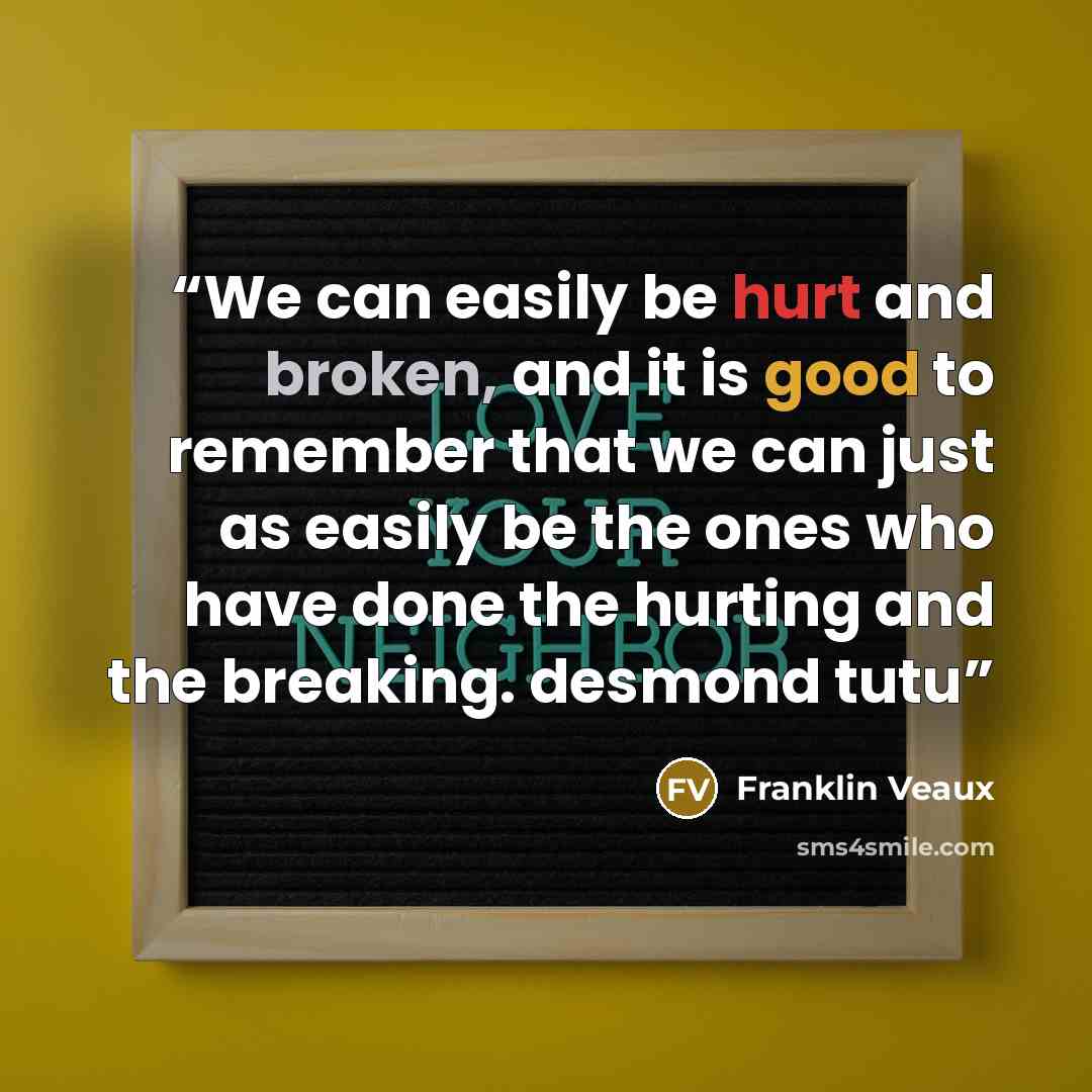 “We can easily be hurt and broken, and it is good to remember that we can just as easily be the ones who have done the hurting and the breaking. desmond tutu” quote by Franklin Veaux