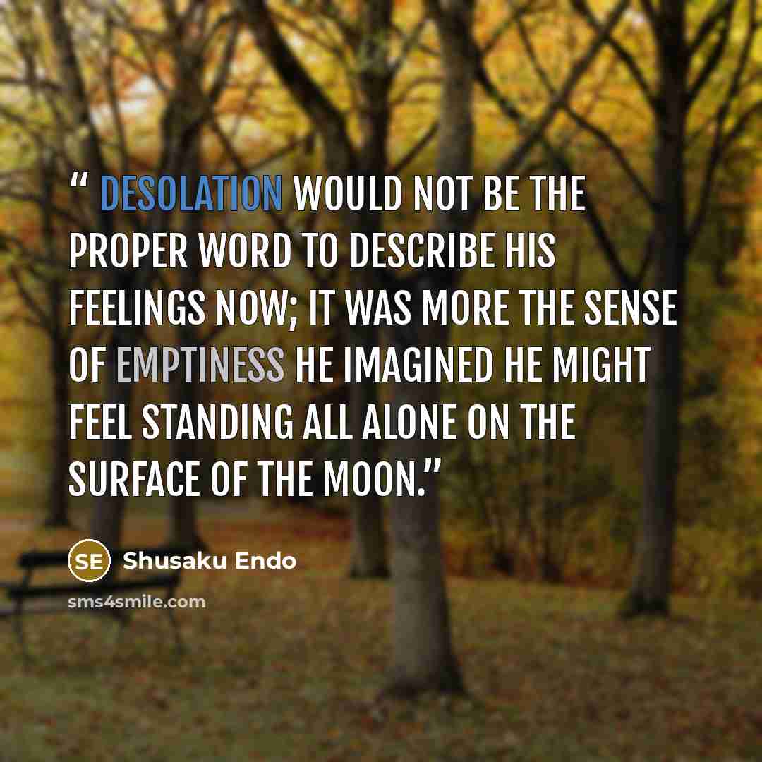 “Desolation would not be the proper word to describe his feelings now; it was more the sense of emptiness he imagined he might feel standing all alone on the surface of the moon.” quote by Shusaku Endo