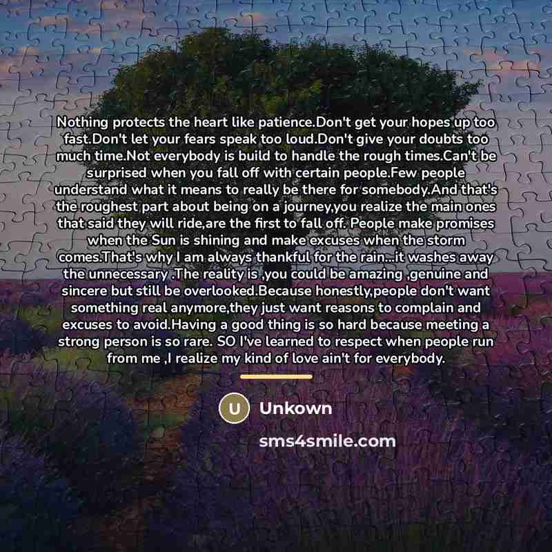 “Nothing protects the heart like patience.Don't get your hopes up…” quote by Unkown