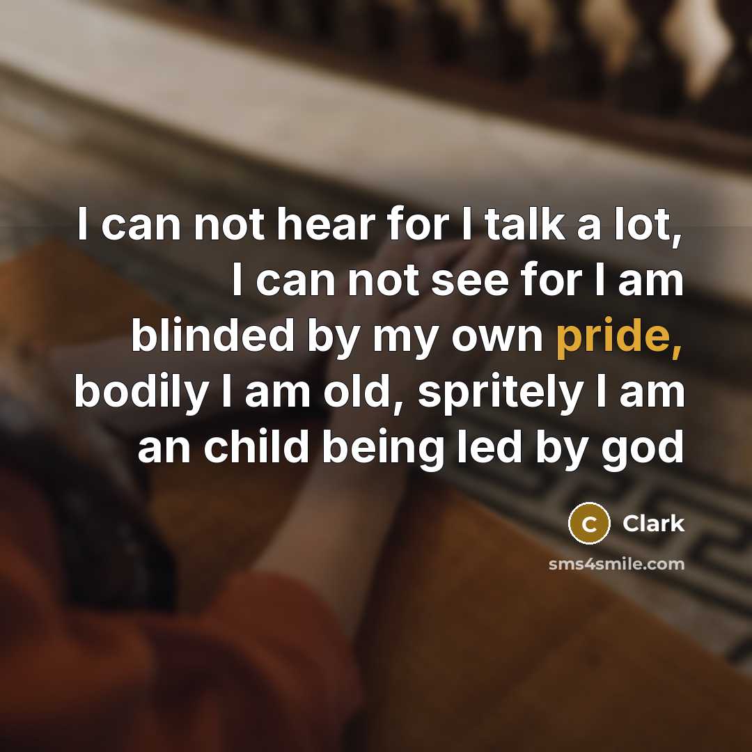 “I can not hear for I talk a lot, I can not see for I am blinded by my own pride, bodily I am old, spritely I am an child being led by god” quote by Clark
