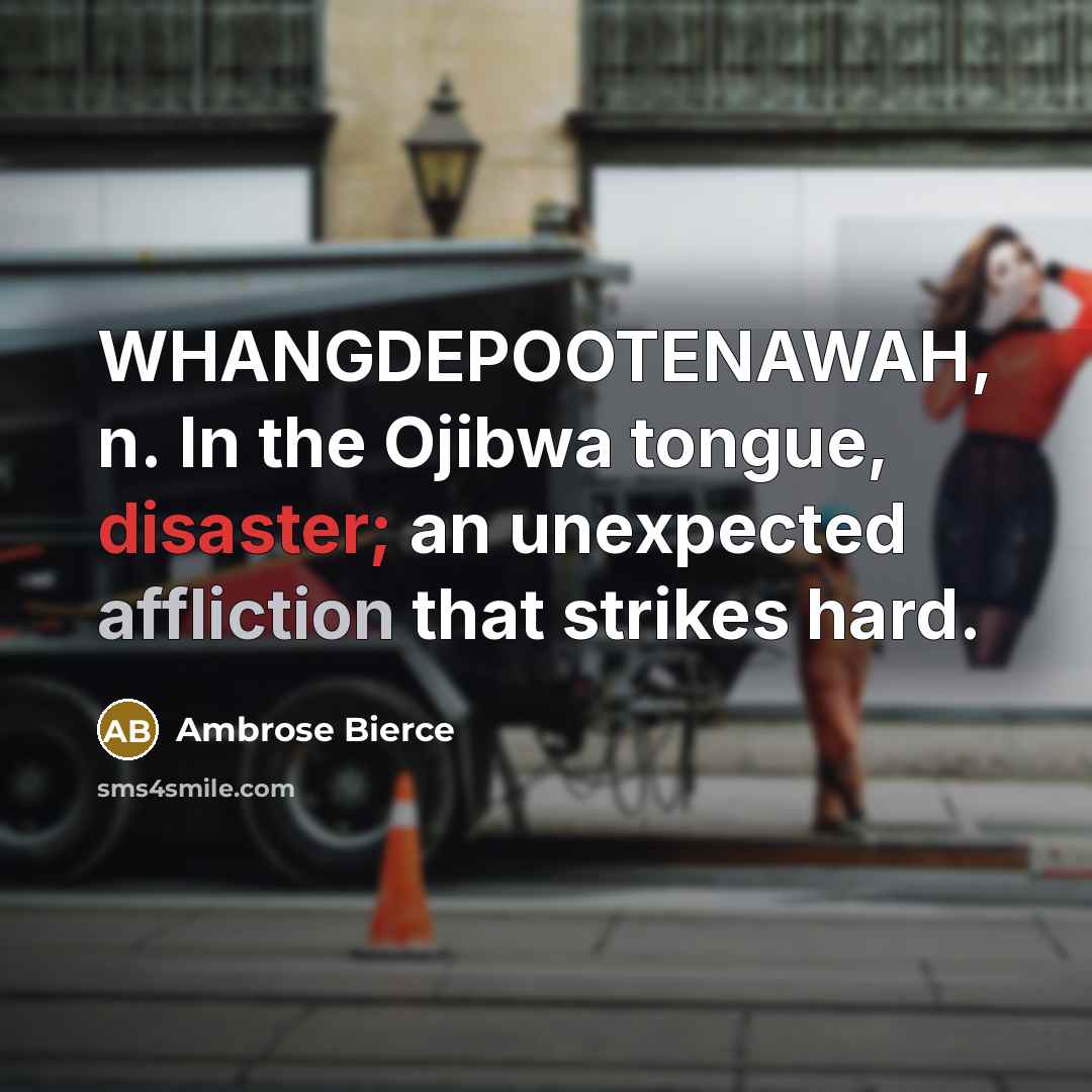 “WHANGDEPOOTENAWAH, n. In the Ojibwa tongue, disaster; an unexpected affliction…” quote by Ambrose Bierce