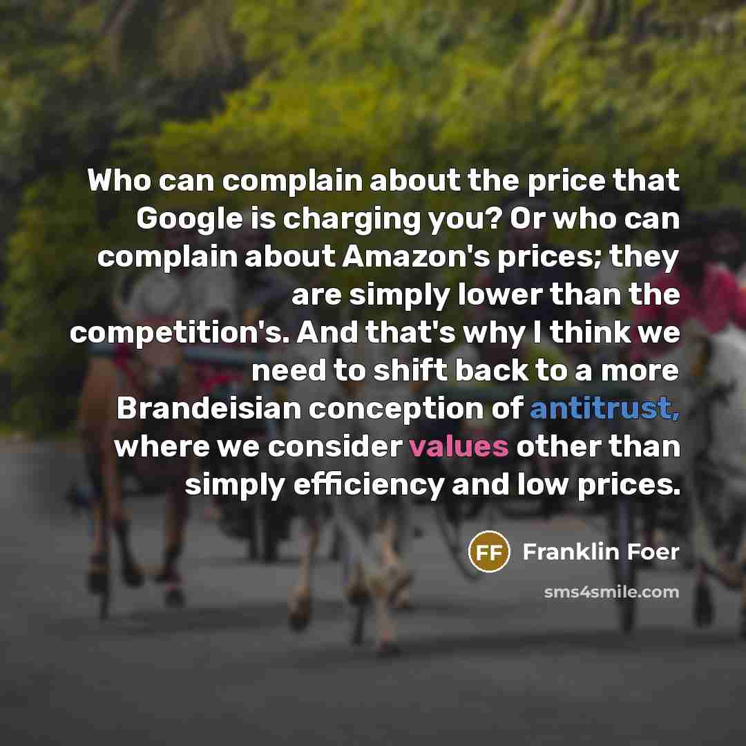 “Who can complain about the price that Google is charging you? Or who can complain about Amazon's prices; they are simply lower than the competition's. And that's why I think we need to shift back to a more Brandeisian conception of antitrust, where we consider values other than simply efficiency…” quote by Franklin Foer