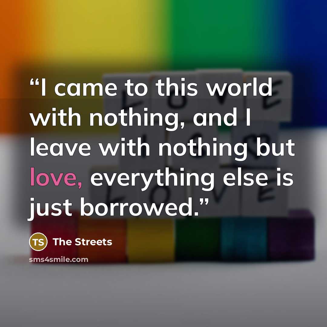 “I came to this world with nothing, and I leave with nothing but love, everything else is just borrowed.” quote by The Streets