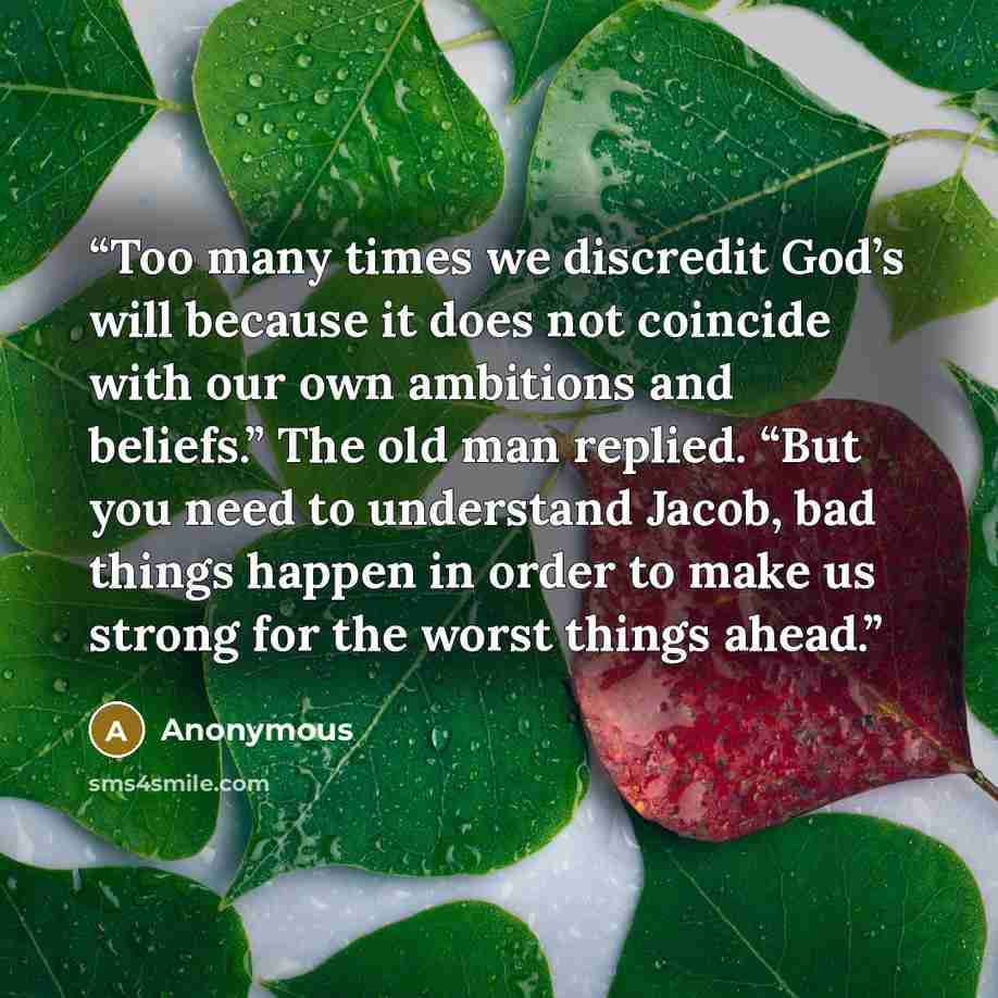 “Too many times we discredit God’s will because it does not coincide with our own ambitions and beliefs.” The old man replied. “But you need to understand Jacob, bad things happen in order to make us strong for the worst things ahead.” quote by Anonymous
