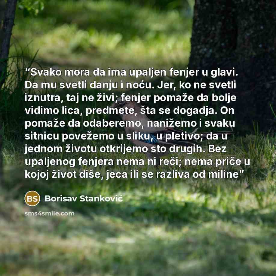 “Svako mora da ima upaljen fenjer u glavi. Da mu svetli danju i noću. Jer, ko ne svetli iznutra, taj ne živi; fenjer pomaže da bolje vidimo lica, predmete, šta se dogadja. On pomaže da odaberemo, nanižemo i svaku sitnicu povežemo u sliku, u pletivo; da u jednom životu otkrijemo sto drugih. Bez…” quote by Borisav Stanković