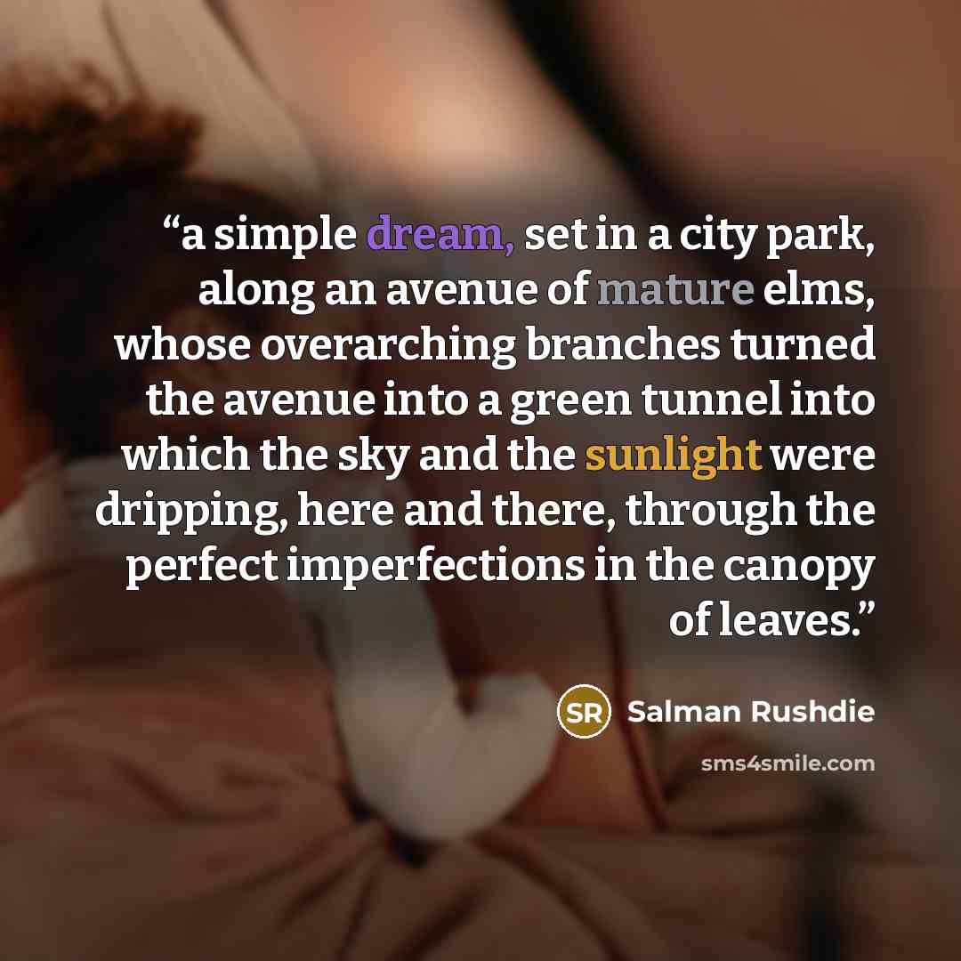 “a simple dream, set in a city park, along an avenue of mature elms, whose overarching branches turned the avenue into a green tunnel into which the sky and the sunlight were dripping, here and there, through the perfect imperfections in the canopy of leaves.” quote by Salman Rushdie