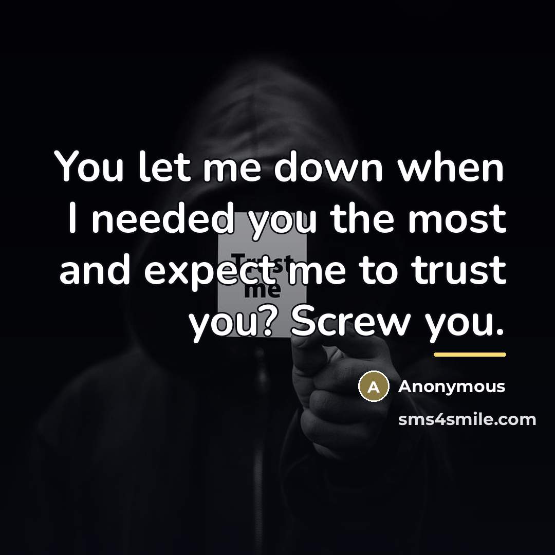 “You let me down when I needed you the most and expect me to trust you? Screw you.” quote by Anonymous