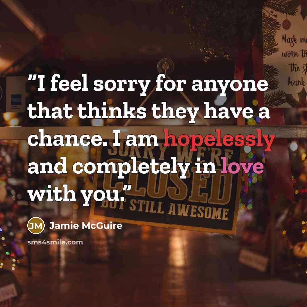 “I feel sorry for anyone that thinks they have a chance. I am hopelessly and completely in love with you.” quote by Jamie McGuire