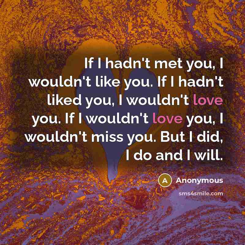 “If I hadn't met you, I wouldn't like you. If I hadn't liked you, I wouldn't love you. If I wouldn't love you, I wouldn't miss you. But I did, I do and I will.” quote by Anonymous