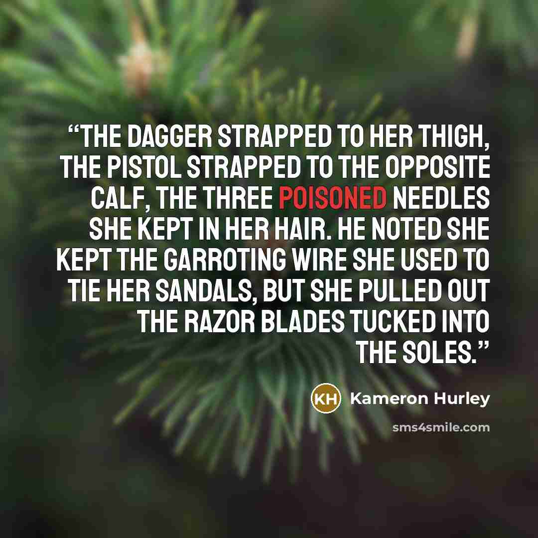 “The dagger strapped to her thigh, the pistol strapped to the opposite calf, the three poisoned needles she kept in her hair. He noted she kept the garroting wire she used to tie her sandals, but she pulled out the razor blades tucked into the soles.” quote by Kameron Hurley