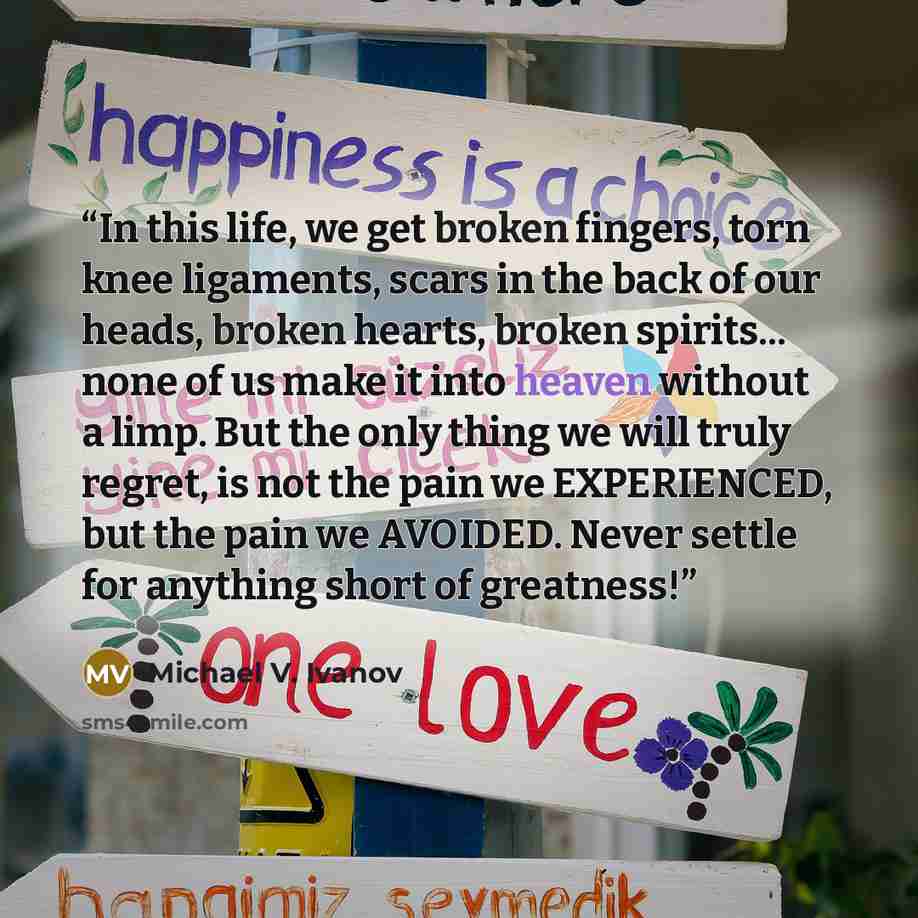 “In this life, we get broken fingers, torn knee ligaments, scars in the back of our heads, broken hearts, broken spirits... none of us make it into heaven without a limp. But the only thing we will truly regret, is not the pain we EXPERIENCED, but the pain we AVOIDED. Never settle for anything…” quote by Michael V. Ivanov