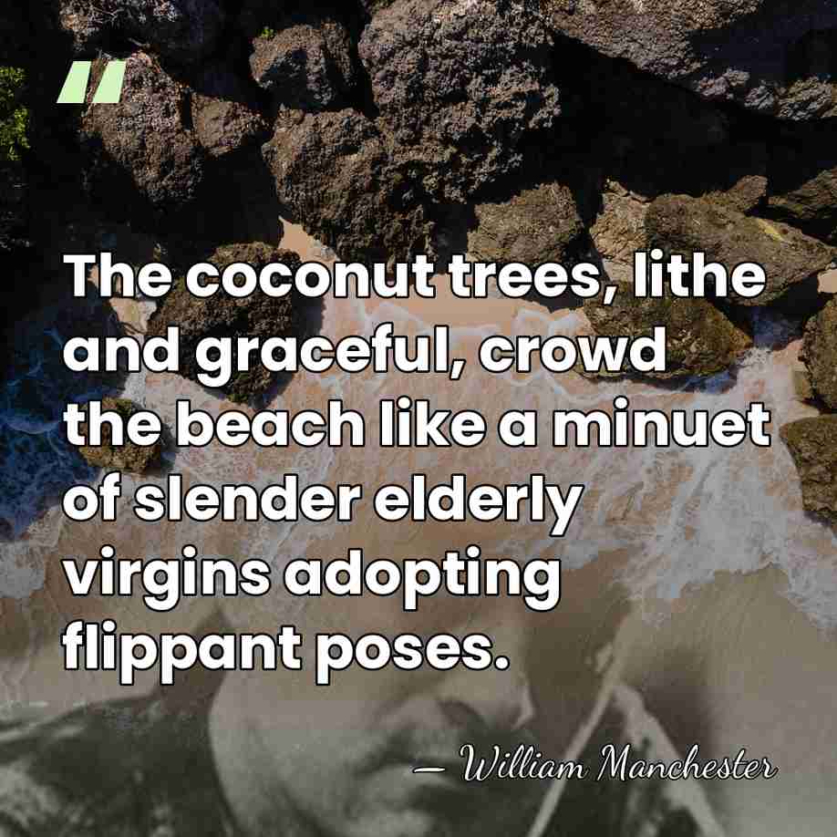 The coconut trees, lithe and graceful, crowd the beach like a minuet&hellip; - William Manchester