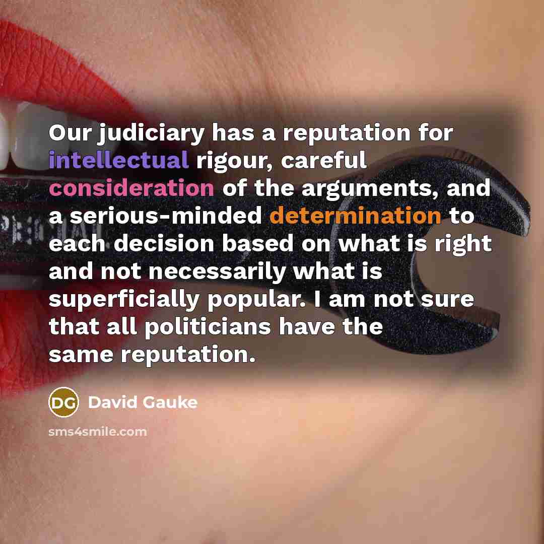 “Our judiciary has a reputation for intellectual rigour, careful consideration of the arguments, and a serious-minded determination to each decision based on what is right and not necessarily what is superficially popular. I am not sure that all politicians have the same reputation.” quote by David Gauke