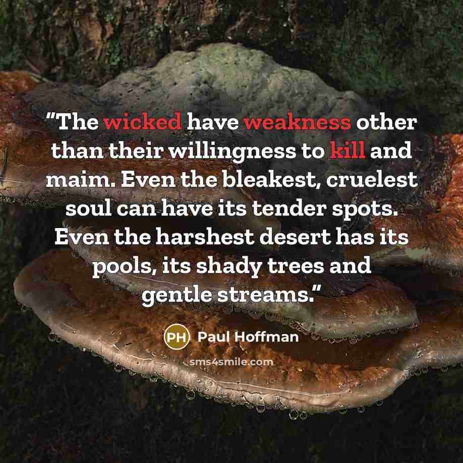 “The wicked have weakness other than their willingness to kill and maim. Even the bleakest, cruelest soul can have its tender spots. Even the harshest desert has its pools, its shady trees and gentle streams.” quote by Paul Hoffman
