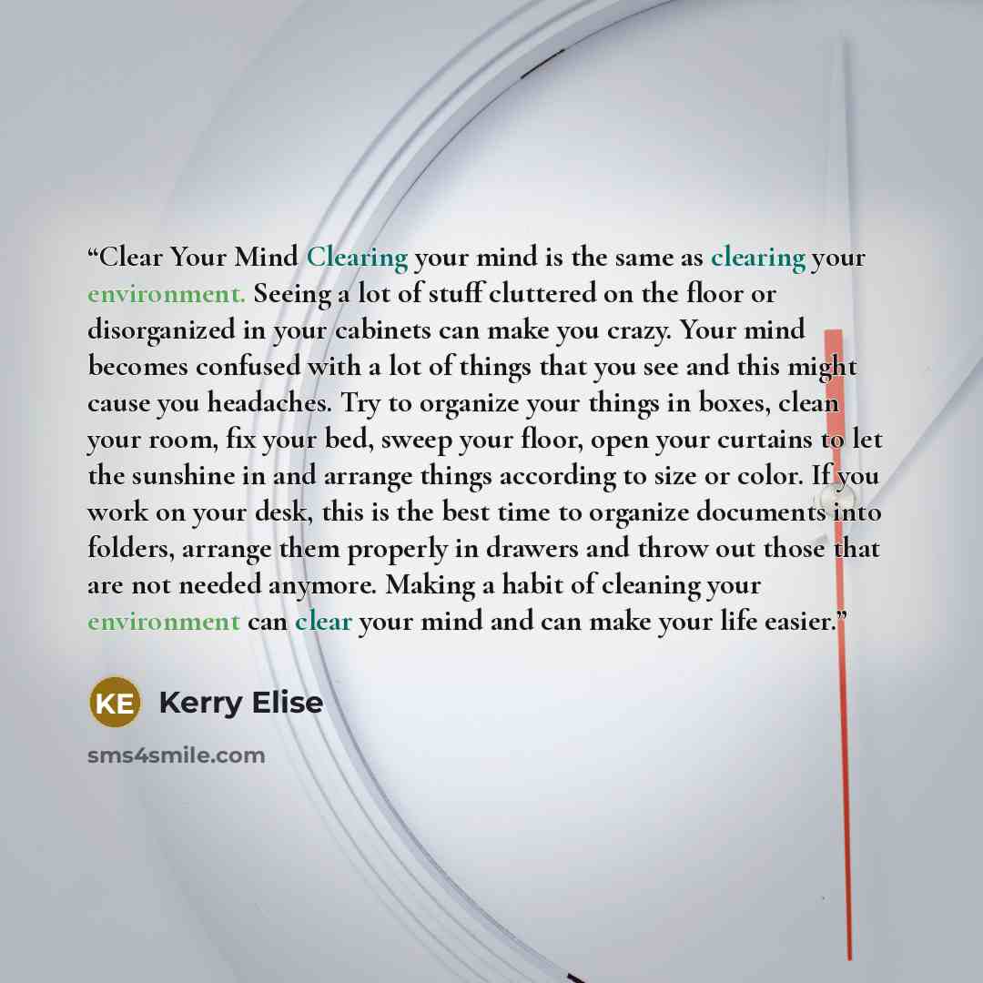 “Clear Your Mind Clearing your mind is the same as clearing your environment. Seeing a lot of stuff cluttered on the floor or disorganized in your cabinets can make you crazy. Your mind becomes confused with a lot of things that you see and this might cause you headaches. Try to organize your…” quote by Kerry Elise