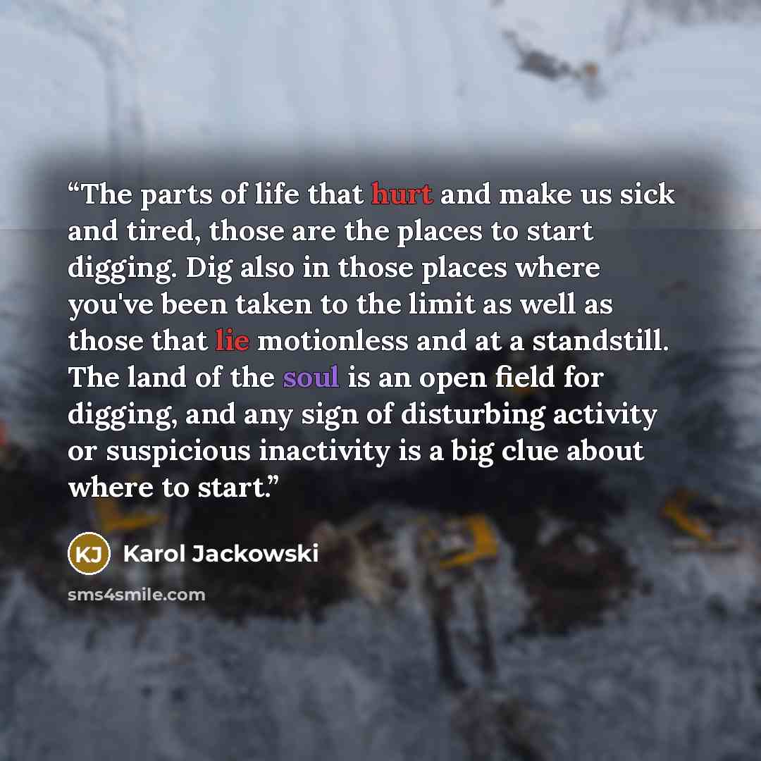 “The parts of life that hurt and make us sick and tired, those are the places to start digging. Dig also in those places where you've been taken to the limit as well as those that lie motionless and at a standstill. The land of the soul is an open field for digging, and any sign of disturbing…” quote by Karol Jackowski