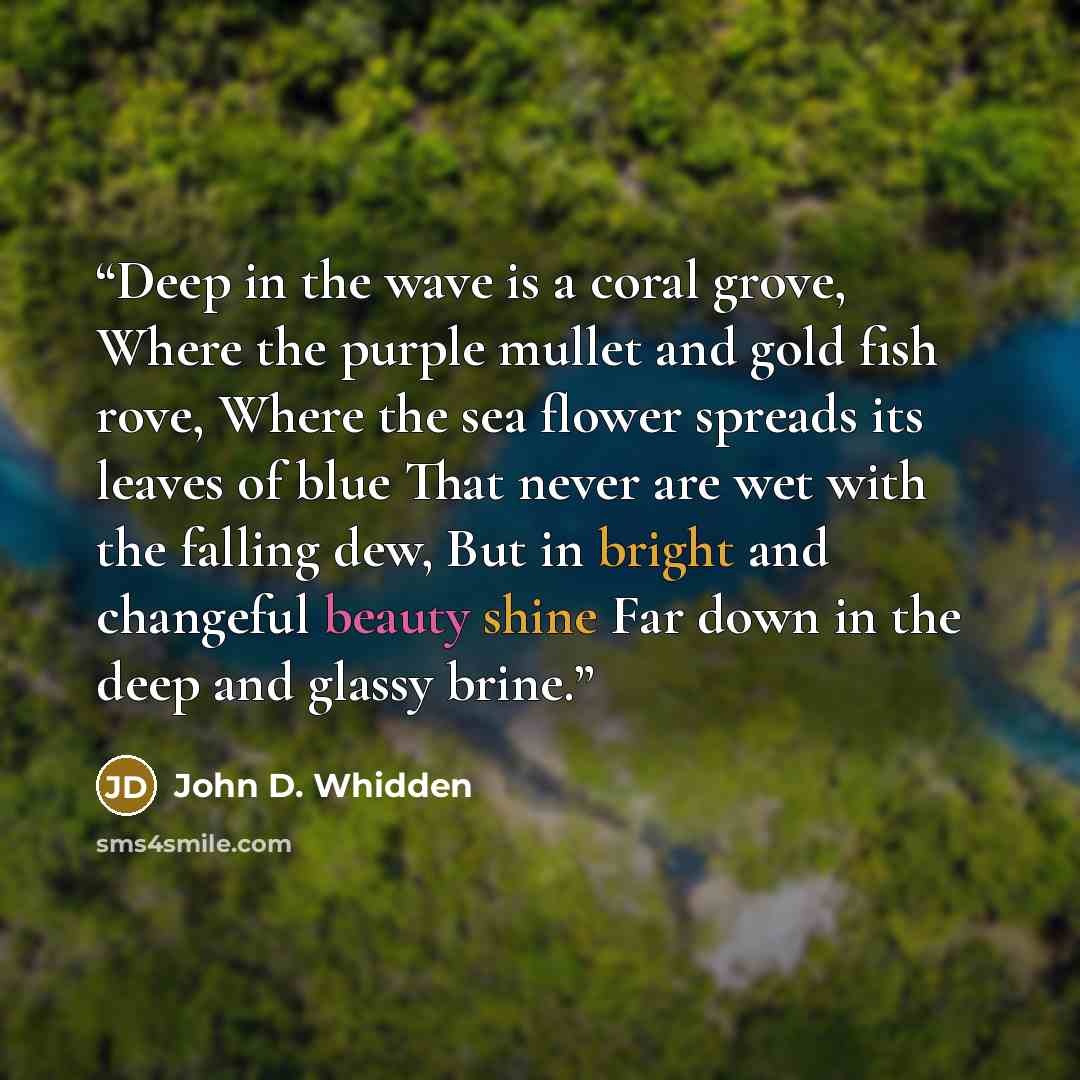 “Deep in the wave is a coral grove, Where the purple mullet and gold fish rove, Where the sea flower spreads its leaves of blue That never are wet with the falling dew, But in bright and changeful beauty shine Far down in the deep and glassy brine.” quote by John D. Whidden