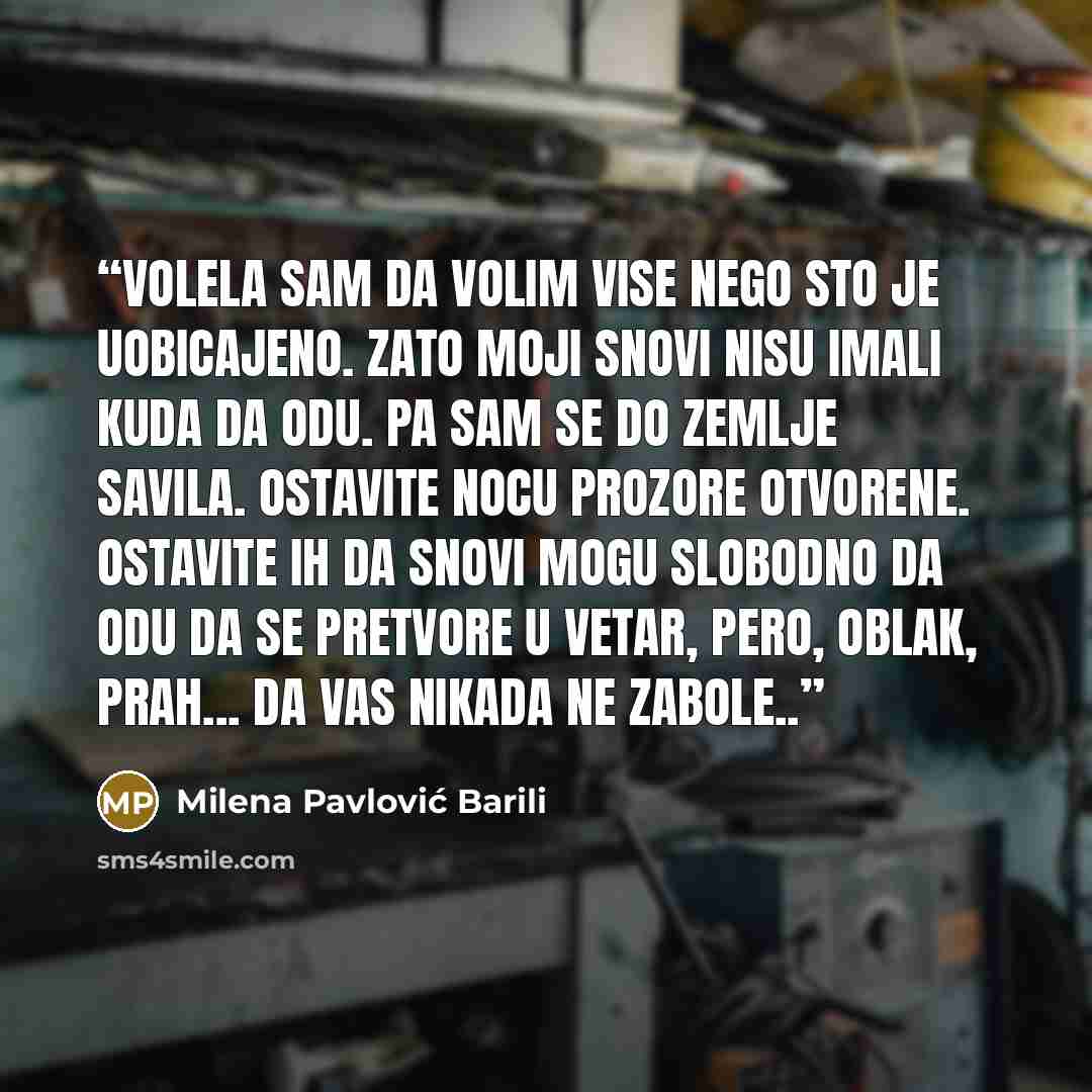 “Volela sam da volim vise nego sto je uobicajeno. Zato moji snovi nisu imali kuda da odu. Pa sam se do zemlje savila. Ostavite nocu prozore otvorene. Ostavite ih da snovi mogu slobodno da odu da se pretvore u vetar, pero, oblak, prah... Da vas nikada ne zabole..” quote by Milena Pavlović Barili