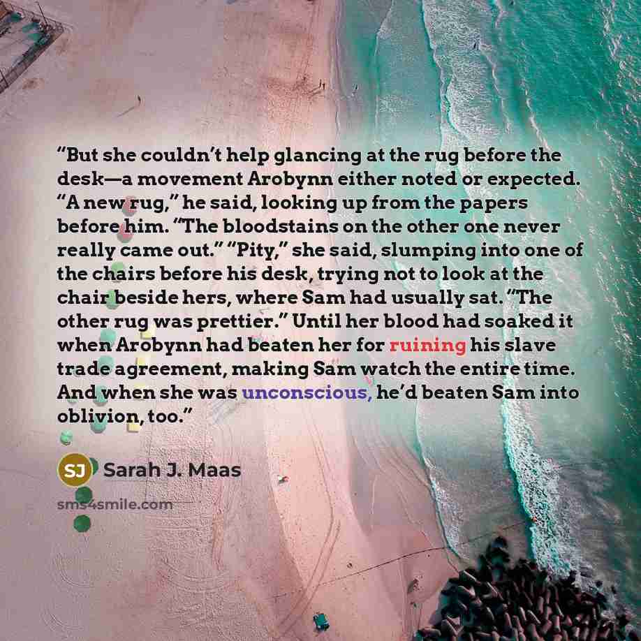 “But she couldn’t help glancing at the rug before the desk—a movement Arobynn either noted or expected. “A new rug,” he said, looking up from the papers before him. “The bloodstains on the other one never really came out.” “Pity,” she said, slumping into one of the chairs before his desk, trying…” quote by Sarah J. Maas