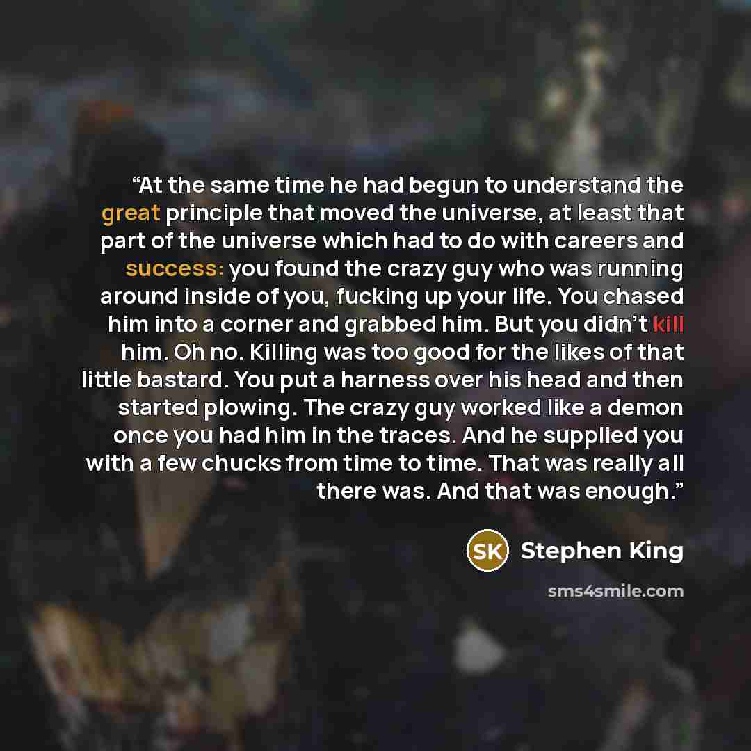 “At the same time he had begun to understand the great principle that moved the universe, at least that part of the universe which had to do with careers and success: you found the crazy guy who was running around inside of you, fucking up your life. You chased him into a corner and grabbed him…” quote by Stephen King