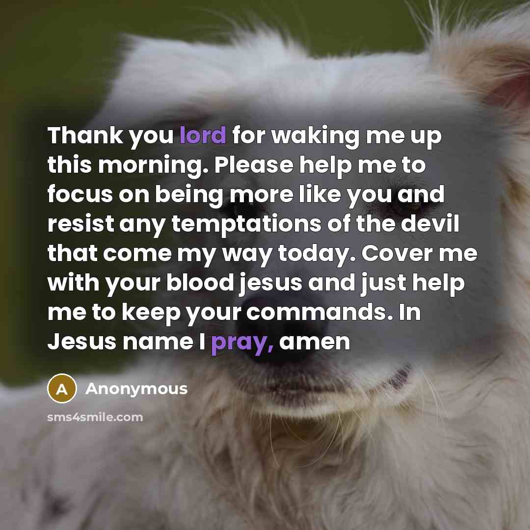“Thank you lord for waking me up this morning. Please help me to focus on being more like you and resist any temptations of the devil that come my way today. Cover me with your blood jesus and just help me to keep your commands. In Jesus name I pray, amen” quote by Anonymous