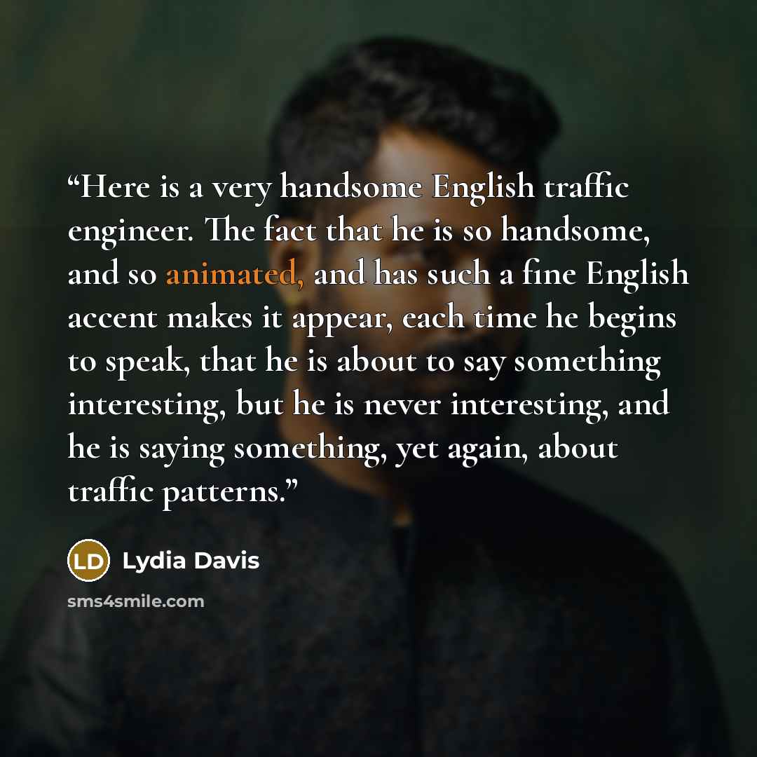 “Here is a very handsome English traffic engineer. The fact that he is so handsome, and so animated, and has such a fine English accent makes it appear, each time he begins to speak, that he is about to say something interesting, but he is never interesting, and he is saying something, yet again…” quote by Lydia Davis