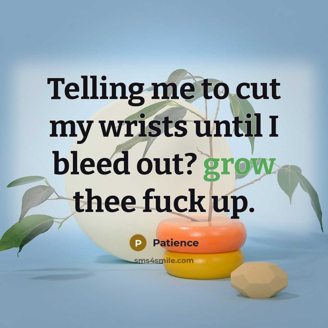 “Telling me to cut my wrists until I bleed out? grow thee fuck up.” quote by Patience