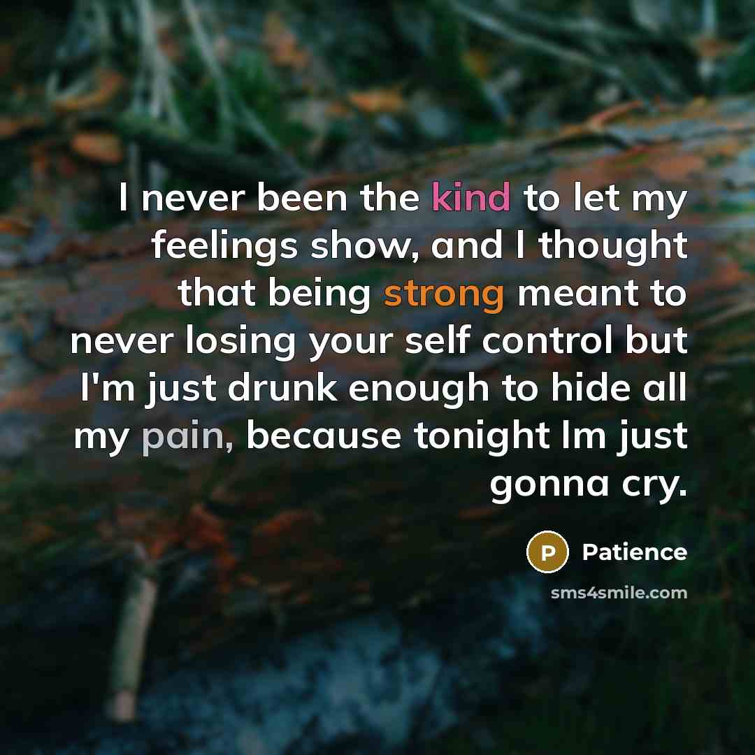 “I never been the kind to let my feelings show, and I thought that being strong meant to never losing your self control but I'm just drunk enough to hide all my pain, because tonight Im just gonna cry.” quote by Patience