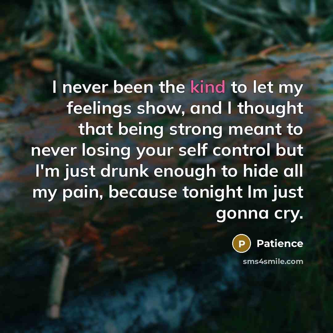 “I never been the kind to let my feelings show, and I thought that being strong meant to never losing your self control but I'm just drunk enough to hide all my pain, because tonight Im just gonna cry.” quote by Patience