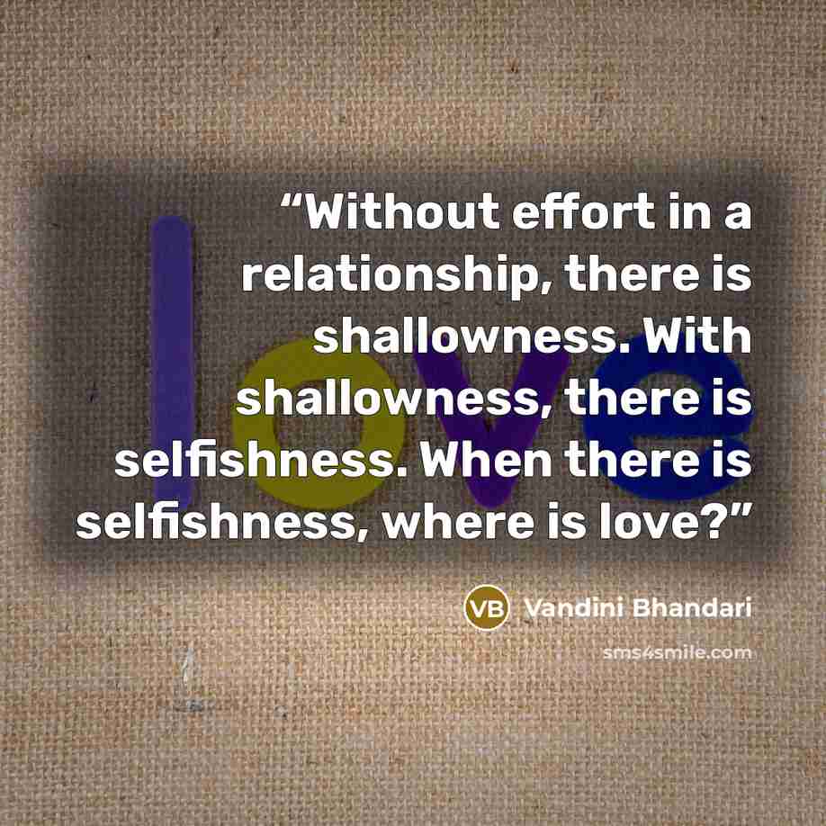 “Without effort in a relationship, there is shallowness. With shallowness, there is selfishness. When there is selfishness, where is love?” quote by Vandini Bhandari