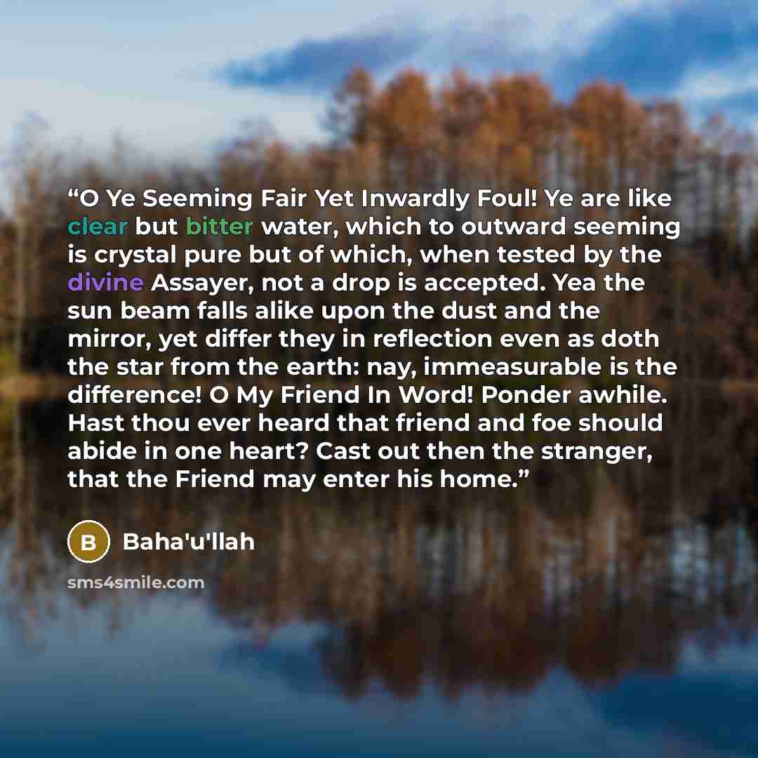 “O Ye Seeming Fair Yet Inwardly Foul! Ye are like clear but bitter water, which to outward seeming is crystal pure but of which, when tested by the divine Assayer, not a drop is accepted. Yea the sun beam falls alike upon the dust and the mirror, yet differ they in reflection even as doth the star…” quote by Bahá'u'lláh