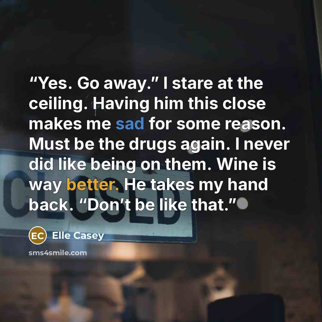 “Yes. Go away.” I stare at the ceiling. Having him this close makes me sad for some reason. Must be the drugs again. I never did like being on them. Wine is way better. He takes my hand back. “Don’t be like that.” quote by Elle Casey