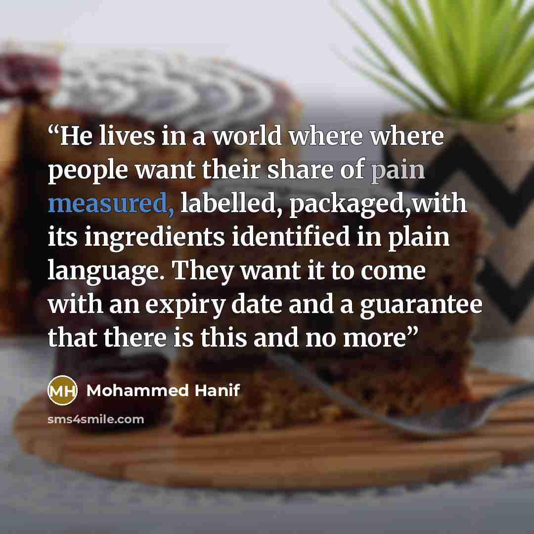 “He lives in a world where where people want their share of pain measured, labelled, packaged,with its ingredients identified in plain language. They want it to come with an expiry date and a guarantee that there is this and no more” quote by Mohammed Hanif