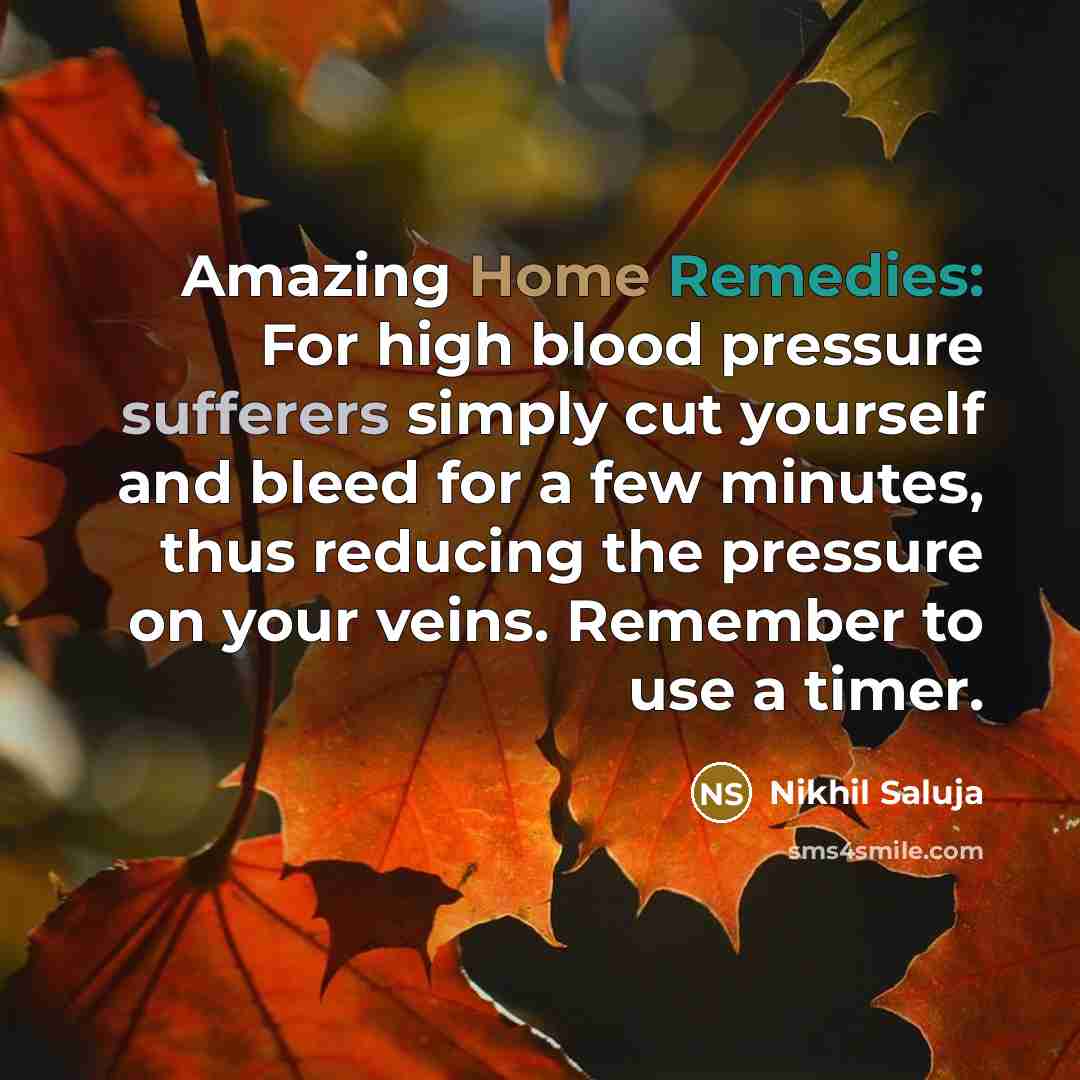 “Amazing Home Remedies: For high blood pressure sufferers simply cut yourself and bleed for a few minutes, thus reducing the pressure on your veins. Remember to use a timer.” quote by Nikhil Saluja