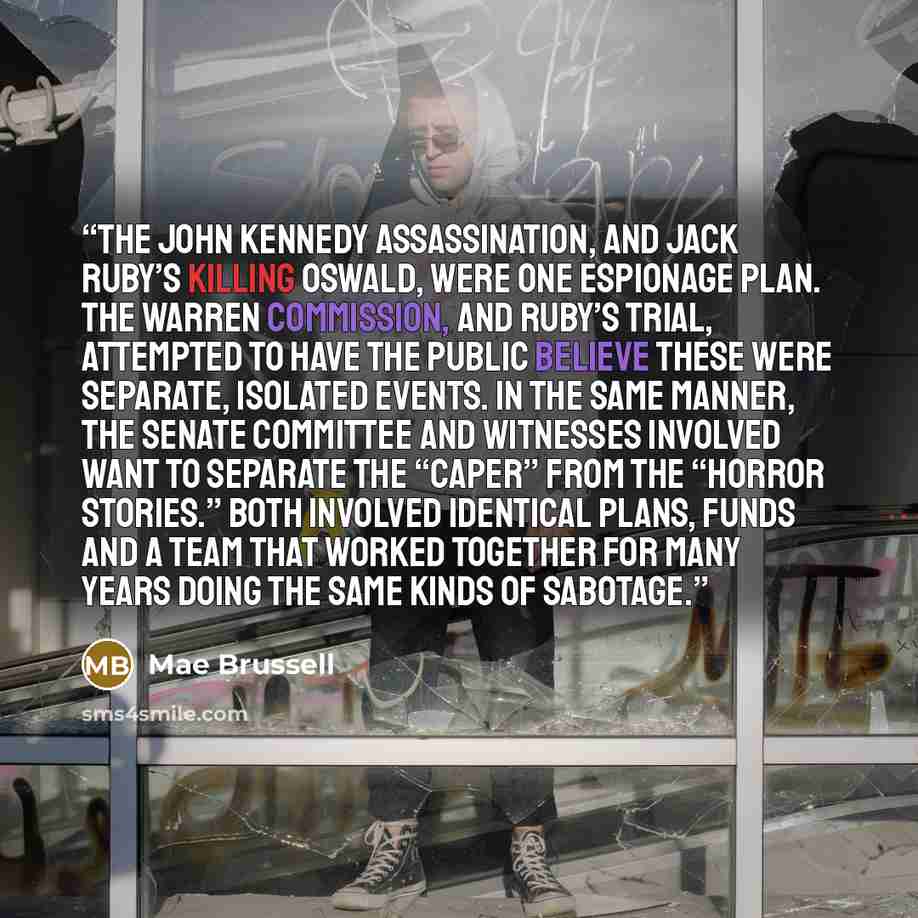 “The John Kennedy assassination, and Jack Ruby’s killing Oswald, were one espionage plan. The Warren Commission, and Ruby’s trial, attempted to have the public believe these were separate, isolated events. In the same manner, the Senate Committee and witnesses involved want to separate the “caper”…” quote by Mae Brussell
