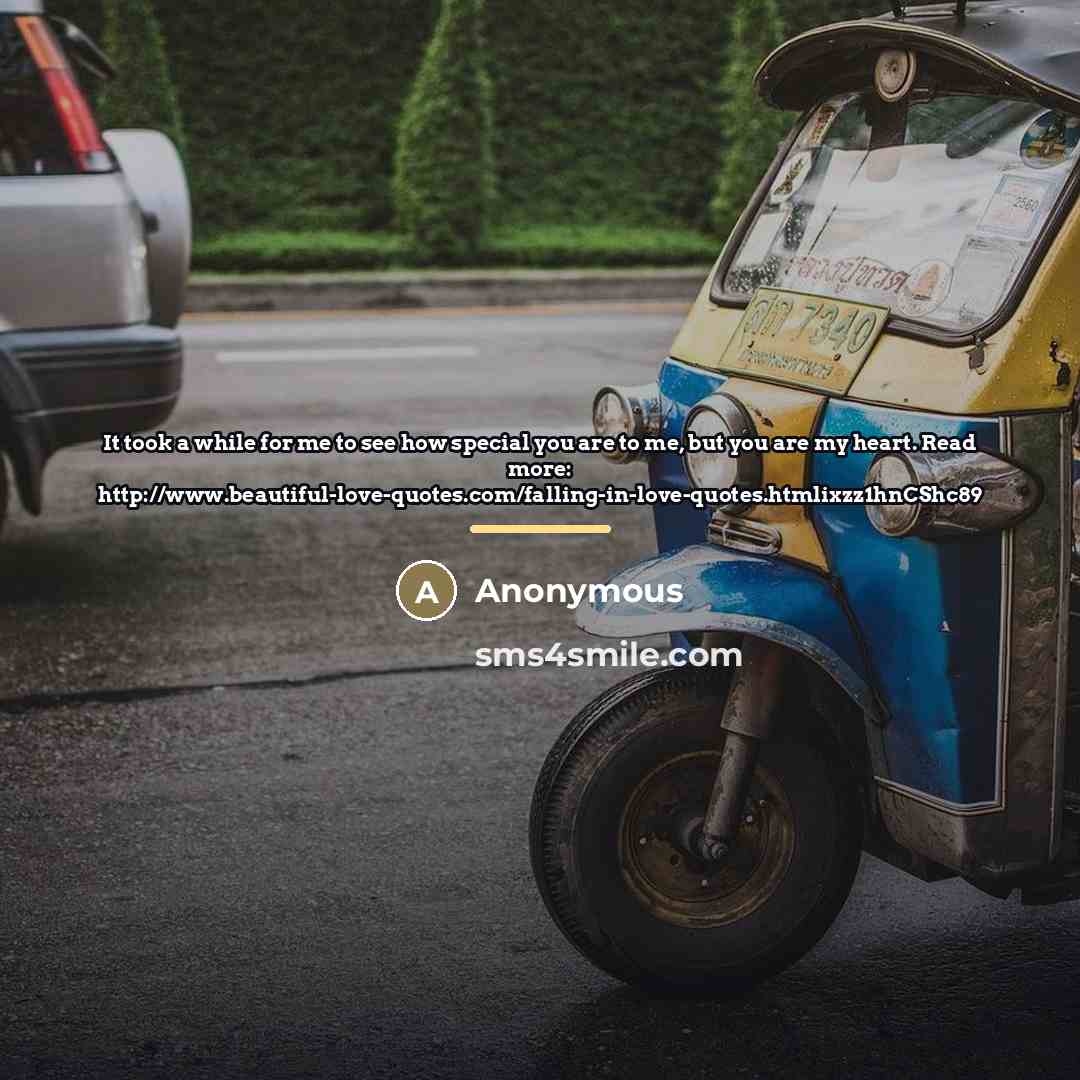 “It took a while for me to see how special you are to me, but you are my heart. Read more: http://www.beautiful-love-quotes.com/falling-in-love-quotes.htmlixzz1hnCShc89” quote by Anonymous