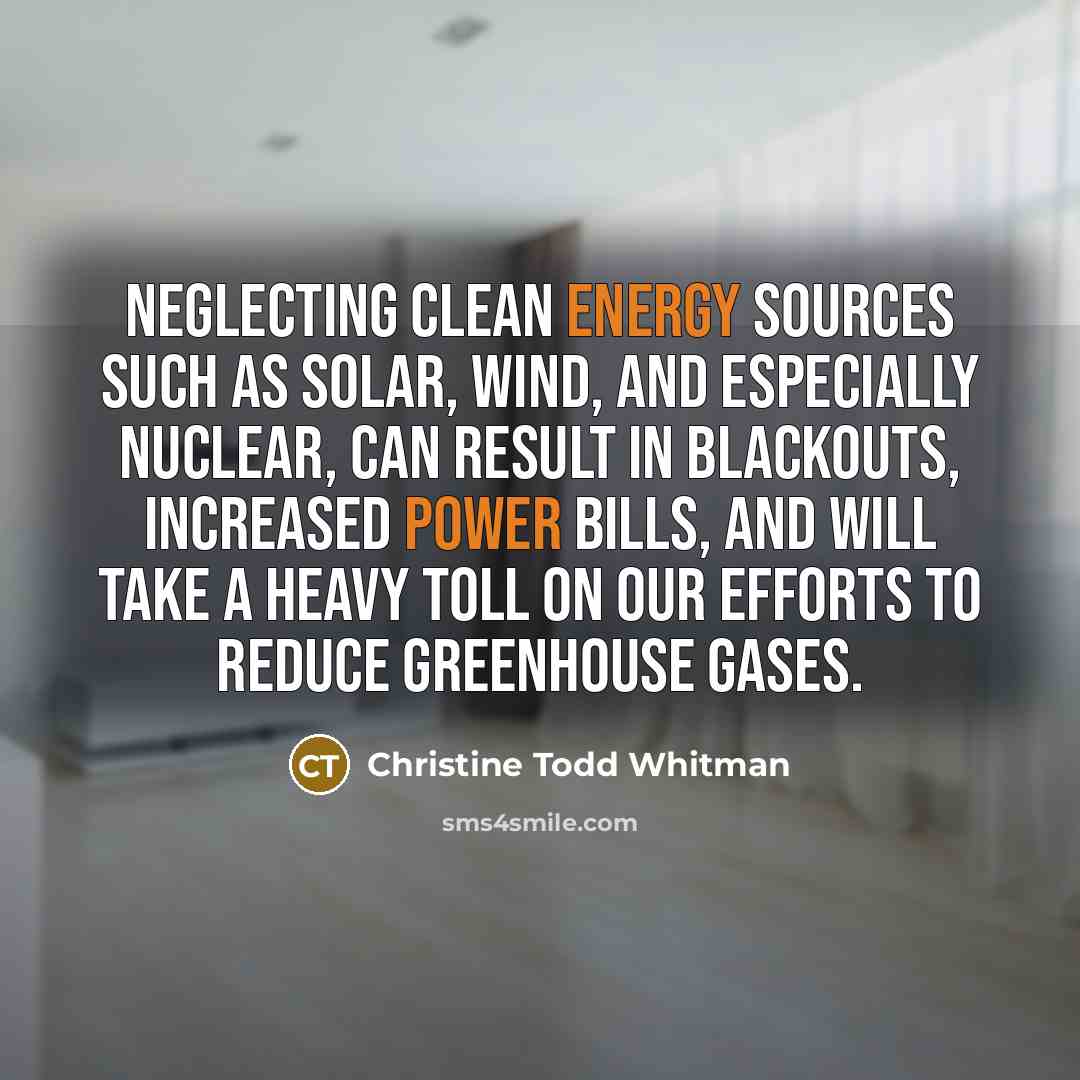 “Neglecting clean energy sources such as solar, wind, and especially nuclear, can result in blackouts, increased power bills, and will take a heavy toll on our efforts to reduce greenhouse gases.” quote by Christine Todd Whitman