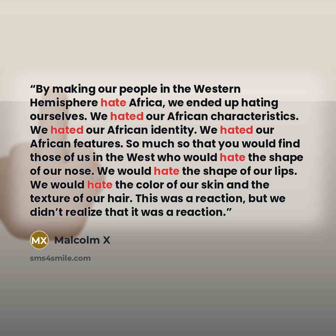 “By making our people in the Western Hemisphere hate Africa, we ended up hating ourselves. We hated our African characteristics. We hated our African identity. We hated our African features. So much so that you would find those of us in the West who would hate the shape of our nose. We would hate…” quote by Malcolm X
