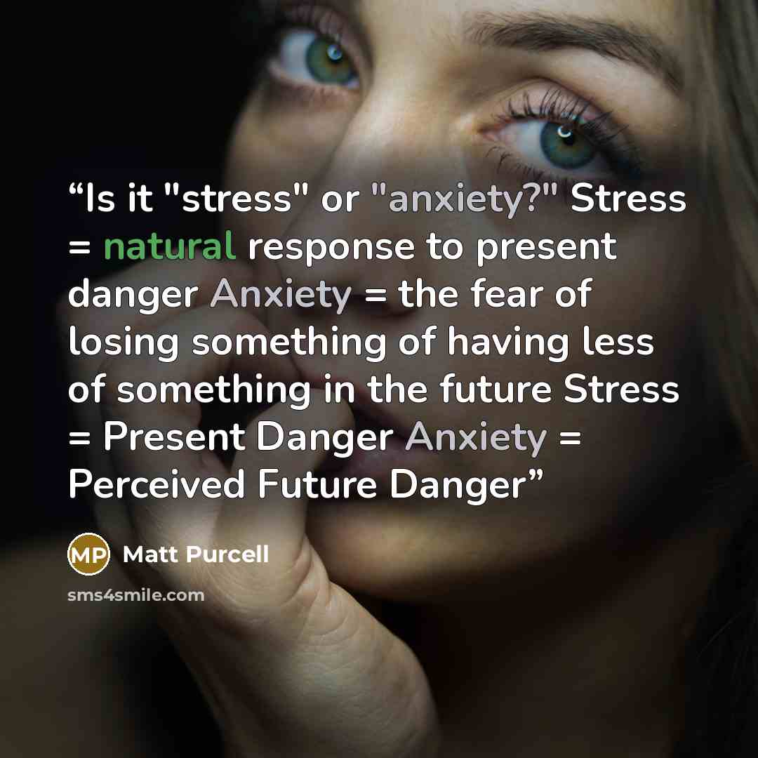 “Is it "stress" or "anxiety?" Stress = natural response to present danger Anxiety = the fear of losing something of having less of something in the future Stress = Present Danger Anxiety = Perceived Future Danger” quote by Matt Purcell