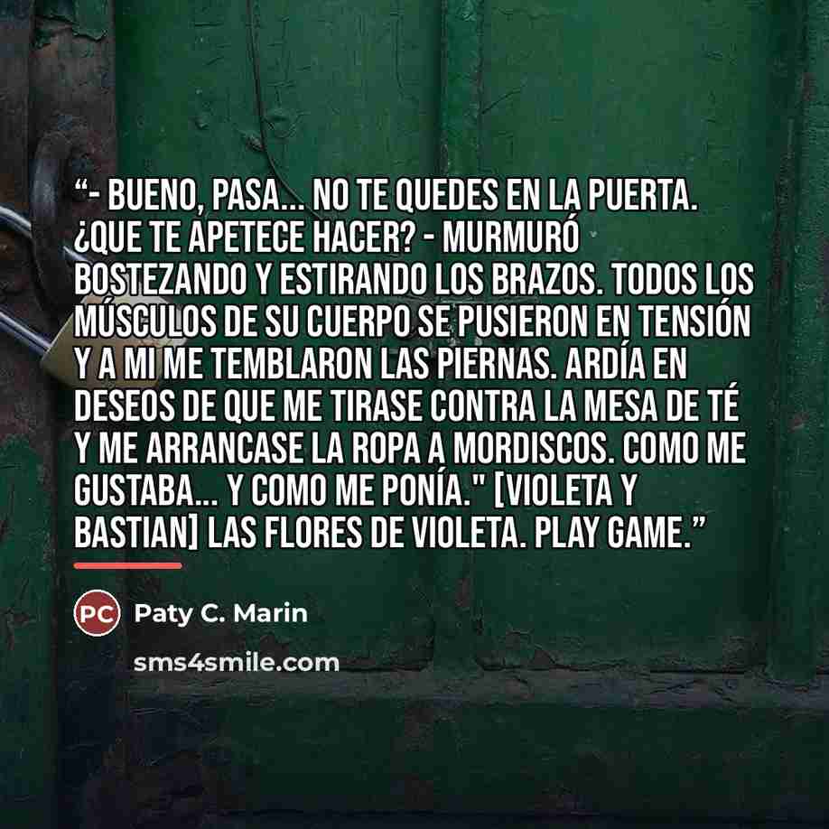 “- Bueno, pasa... no te quedes en la puerta. ¿Que te apetece hacer? - murmuró bostezando y estirando los brazos. Todos los músculos de su cuerpo se pusieron en tensión y a mi me temblaron las piernas. Ardía en deseos de que me tirase contra la mesa de té y me arrancase la ropa a mordiscos. Como me…” quote by Paty C. Marin