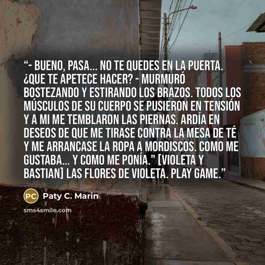 “- Bueno, pasa... no te quedes en la puerta. ¿Que te apetece hacer? - murmuró bostezando y estirando los brazos. Todos los músculos de su cuerpo se pusieron en tensión y a mi me temblaron las piernas. Ardía en deseos de que me tirase contra la mesa de té y me arrancase la ropa a mordiscos. Como me…” quote by Paty C. Marin