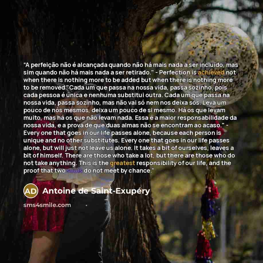 “A perfeição não é alcançada quando não há mais nada a ser incluído, mas sim quando não há mais nada a ser retirado." - Perfection is achieved not when there is nothing more to be added but when there is nothing more to be removed "Cada um que passa na nossa vida, passa sozinho, pois cada pessoa é…” quote by Antoine de Saint-Exupéry