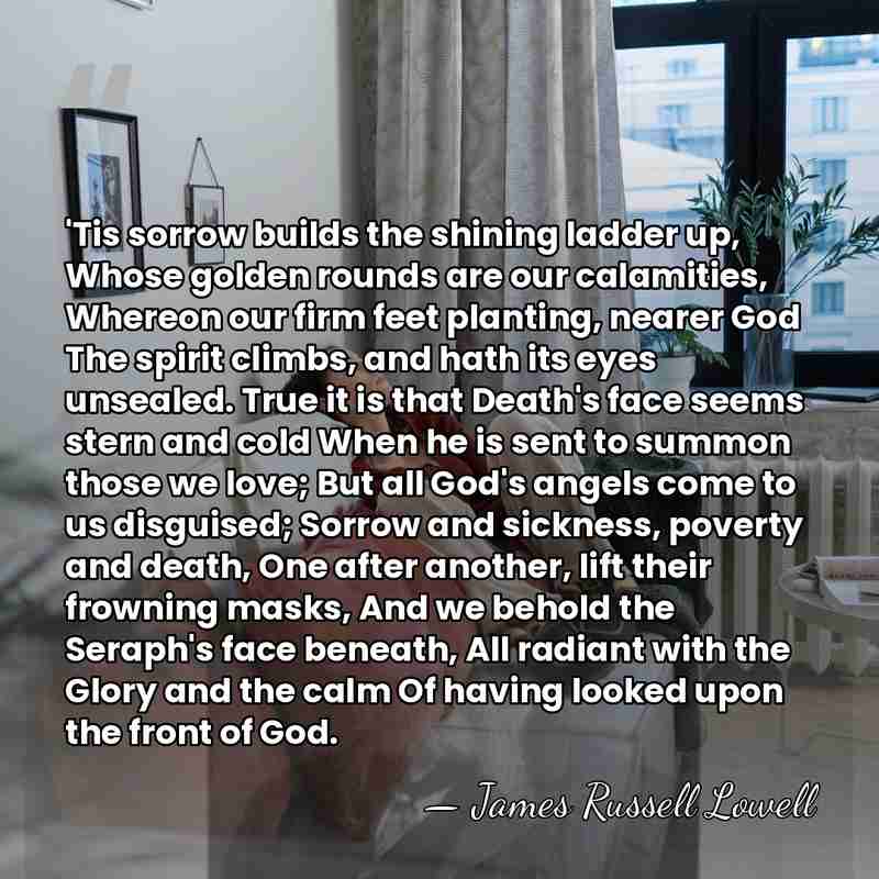 'Tis sorrow builds the shining ladder up, Whose golden rounds are our&hellip; - James Russell Lowell
