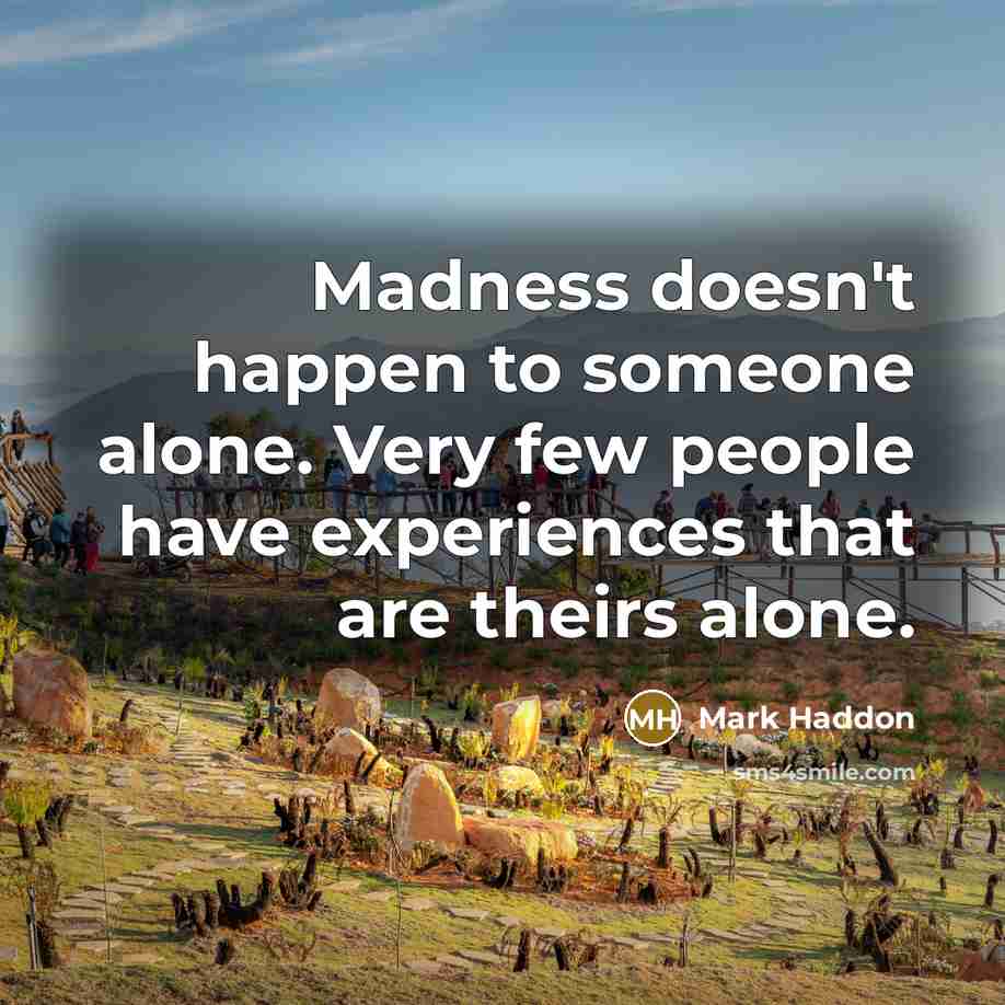 “Madness doesn't happen to someone alone. Very few people have experiences that are theirs alone.” quote by Mark Haddon
