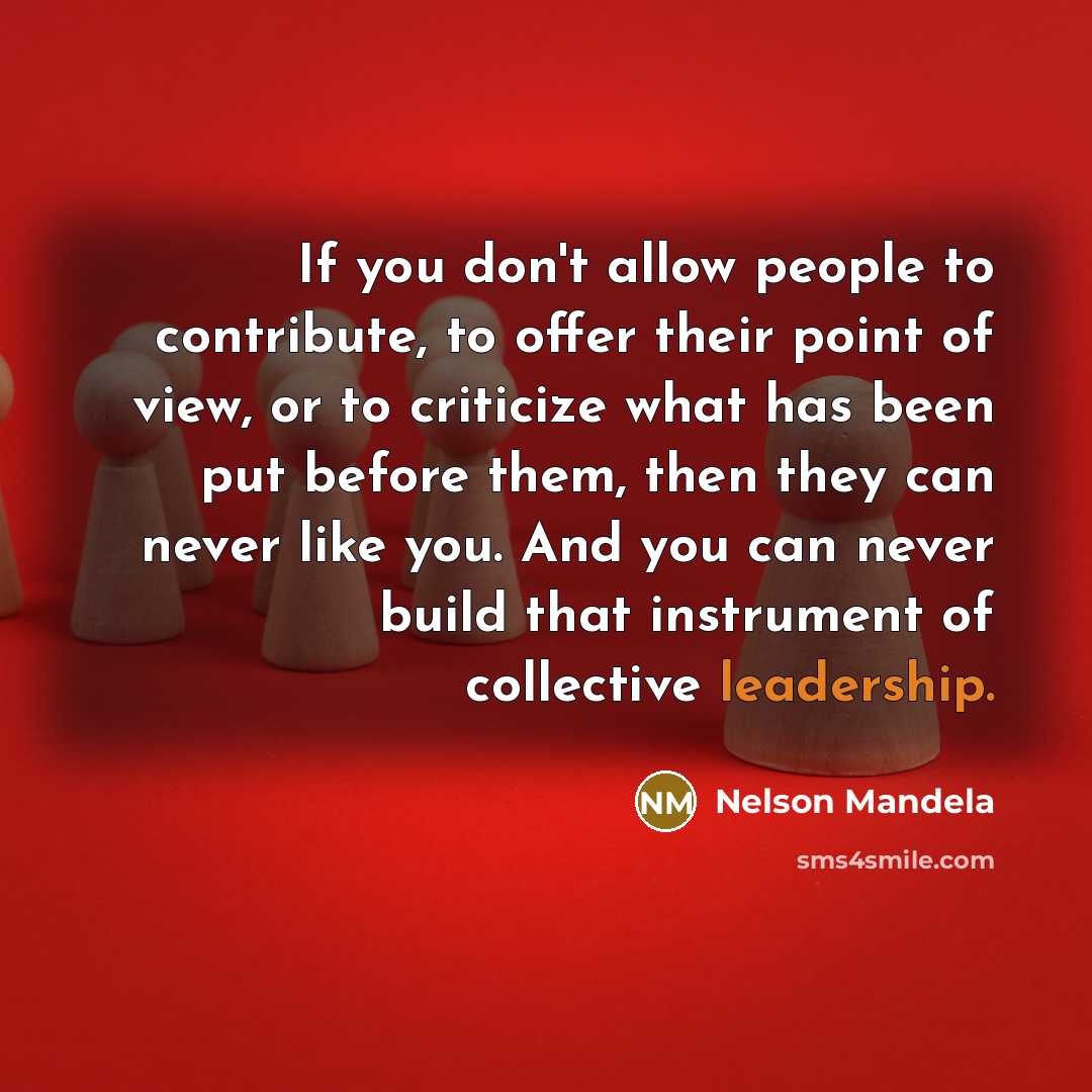 “If you don't allow people to contribute, to offer their point of view, or to criticize what has been put before them, then they can never like you. And you can never build that instrument of collective leadership.” quote by Nelson Mandela